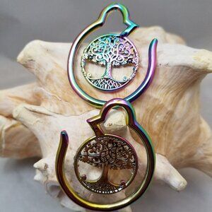 PAIR copper rainbow Tree of Life ear weights, Tribal Jewelry Gauge Hanger